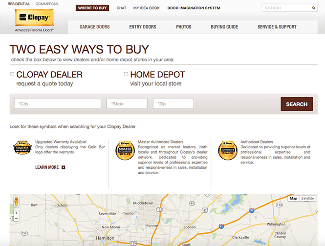 Locator Screen Shot Clopay's Find A Dealer or Home Depot Store