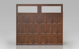 Bridgeport Steel Garage Doors | Narrow Panel Design with Plain long windows in Ultra-Grain Oak Dark Finish